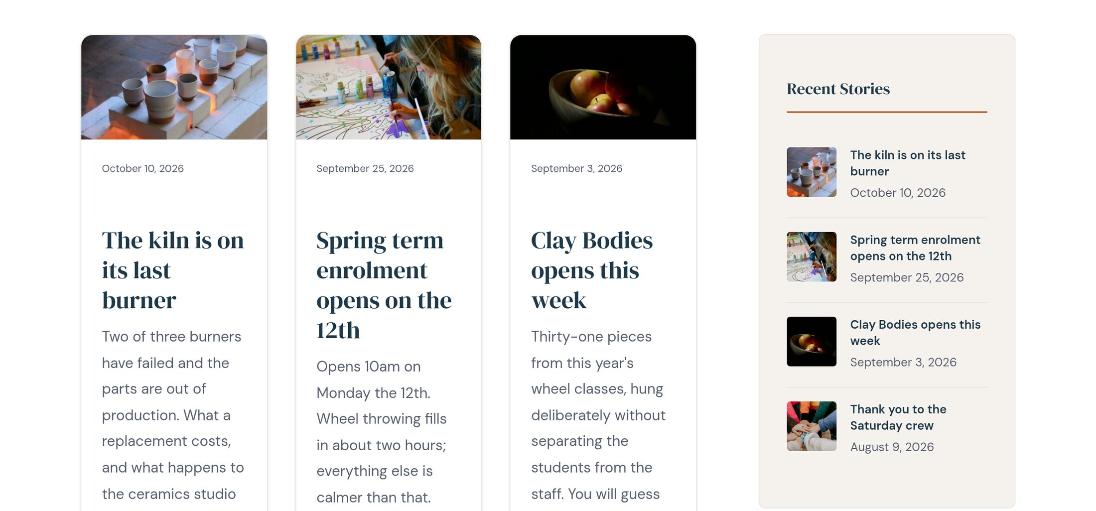 A news listing with four posts, each showing a photograph, a headline and a two-line summary