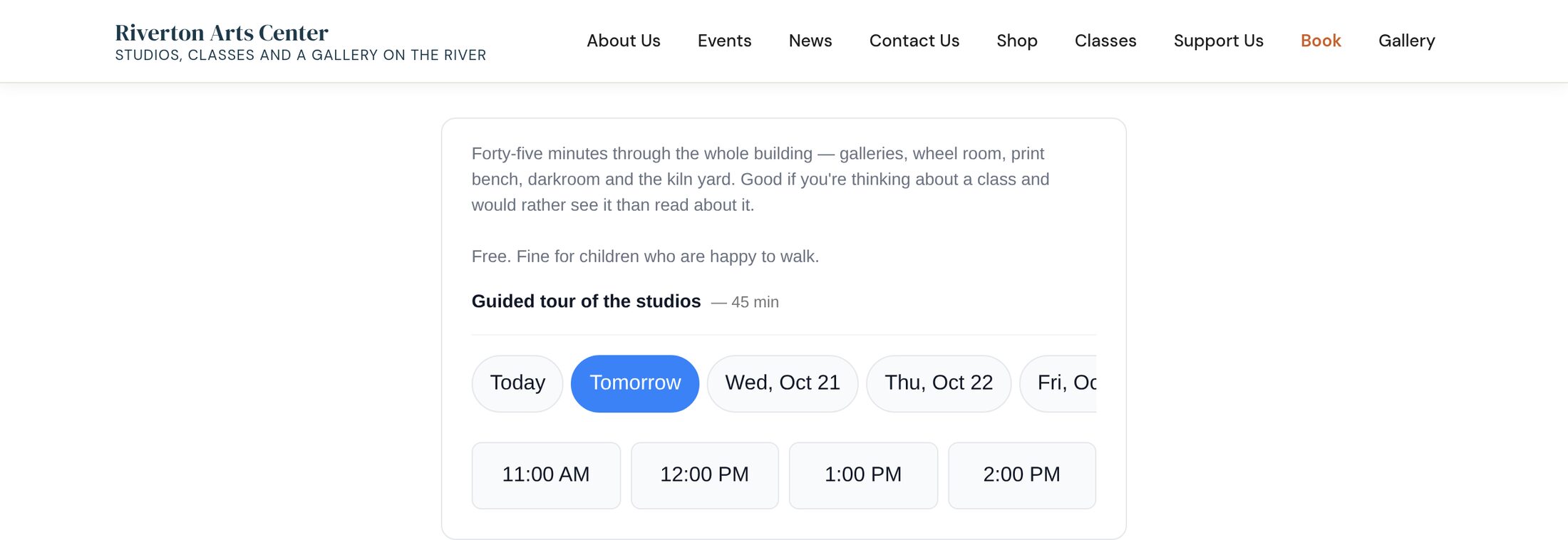 A booking widget for a 45-minute guided tour: a row of days with Tuesday selected, and four available times from 11am to 2pm