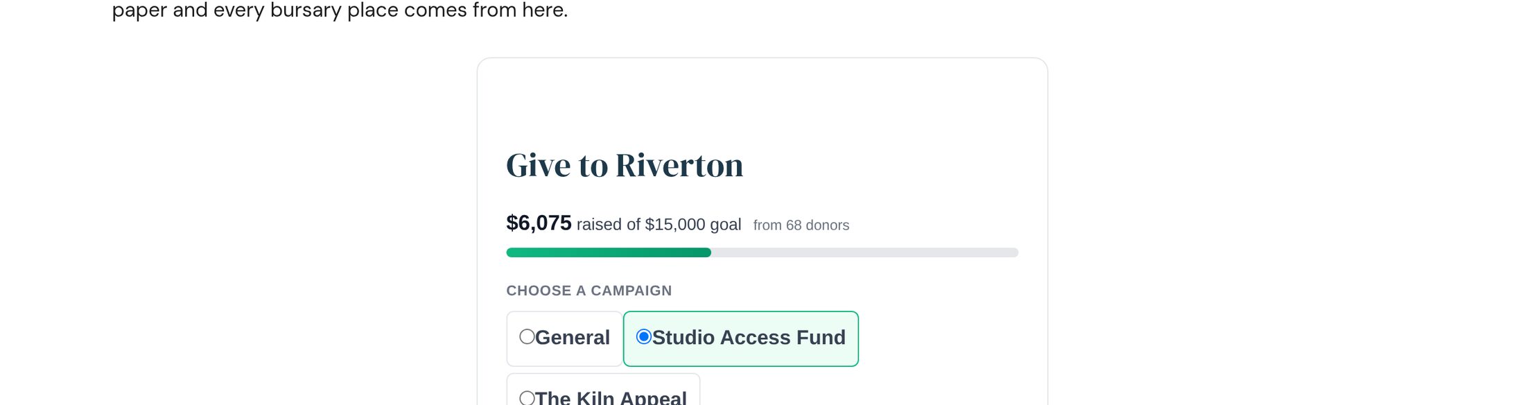 A giving form showing $25,000 raised of a $40,000 goal from 102 donors, suggested amounts, a monthly option and fields for email and a note