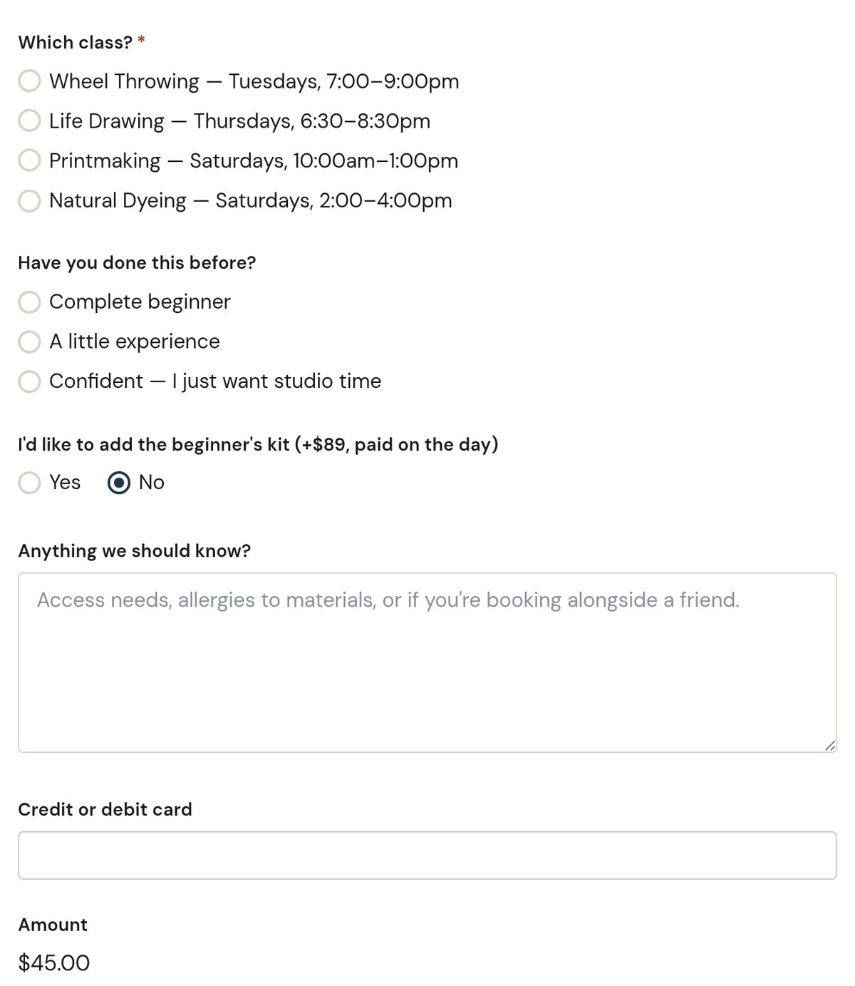 A class registration form: which class, prior experience, an optional kit, a free-text question, then a credit card field and an amount of $45.00