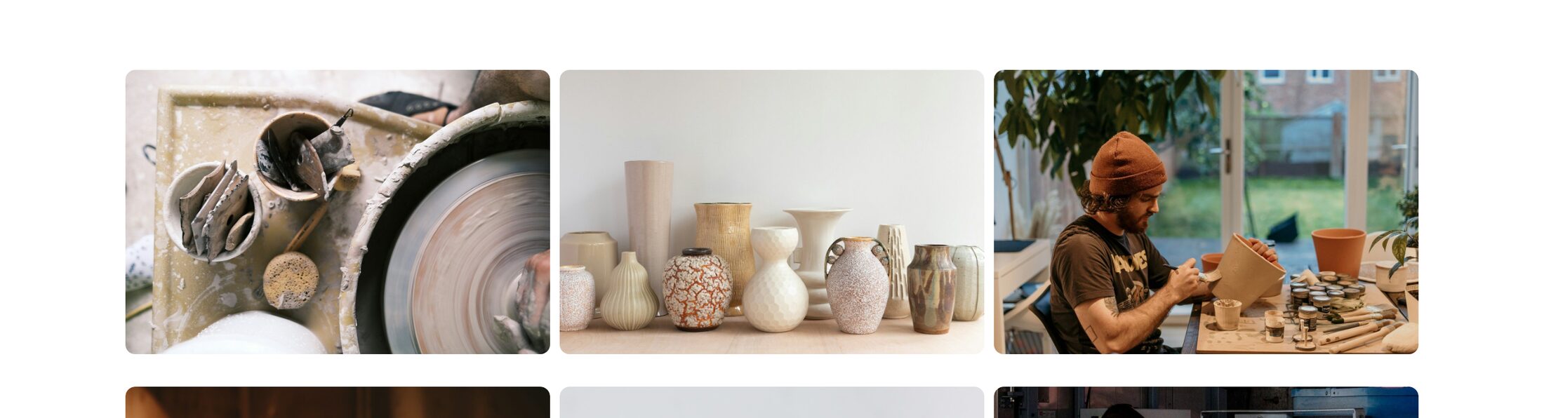 A mosaic gallery of six photographs of a ceramics studio at varying heights, arranged in three columns