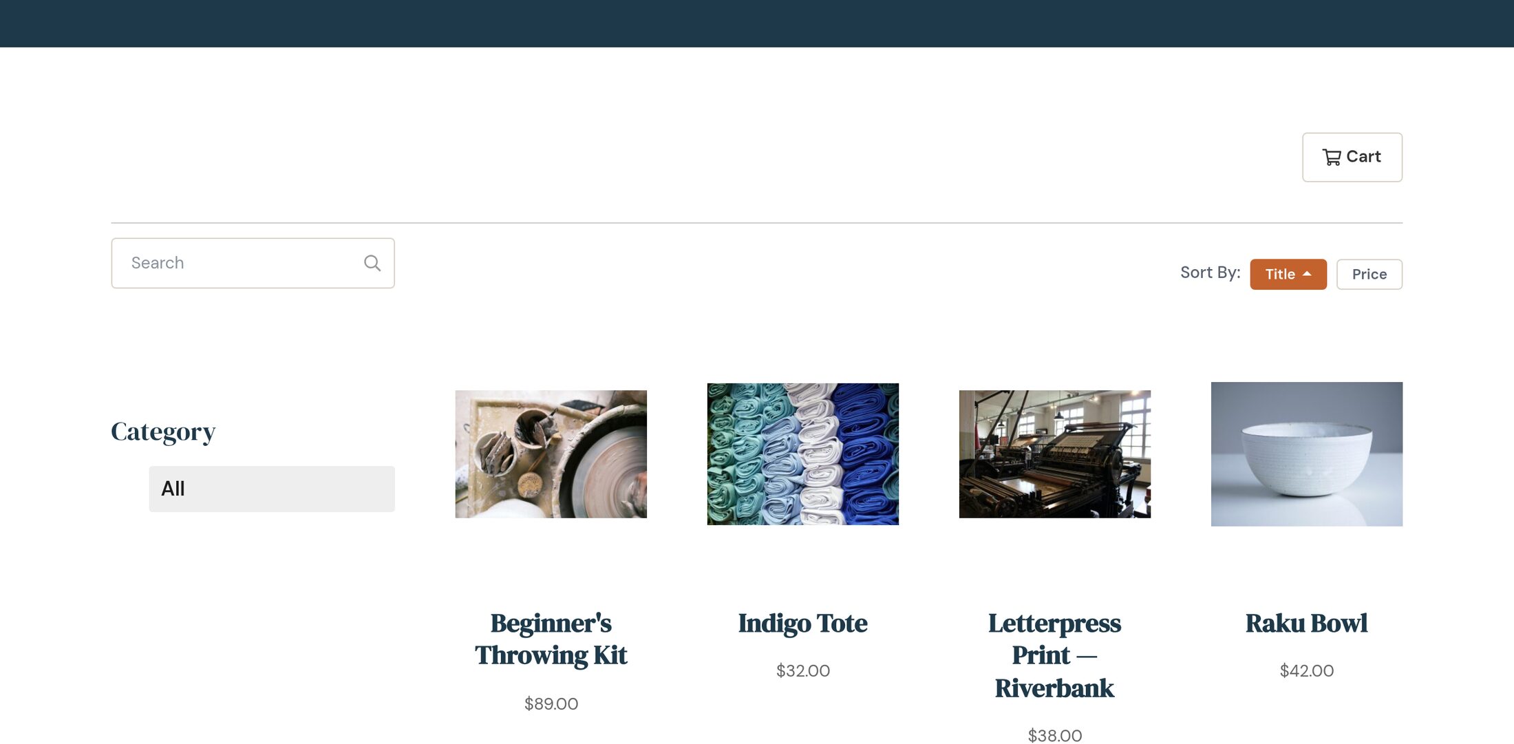 A shop page showing six products in a grid with photographs, names and prices, and a Select Options button on the items that have variations