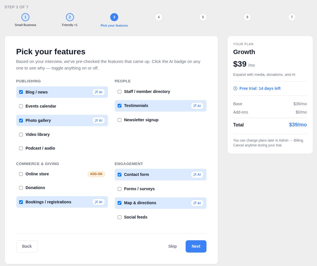 Feature checklist with blog, photo gallery, testimonials, bookings, contact form and map pre-checked, and Online store marked as an add-on