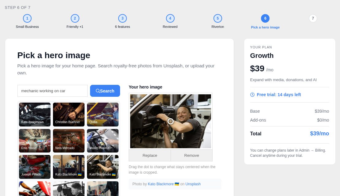 Searching Unsplash for 'mechanic working on car' and choosing a photo of a smiling mechanic