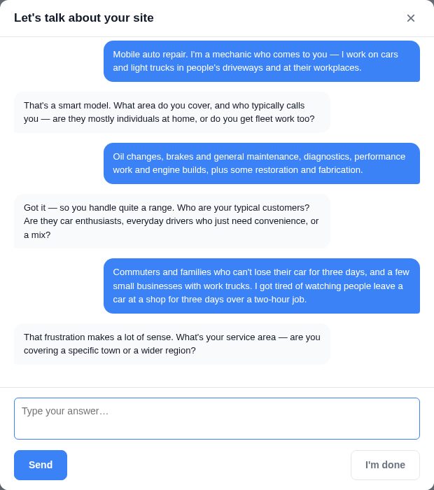 The interview window: the owner's answers in blue on the right, the interview's follow-up questions on the left