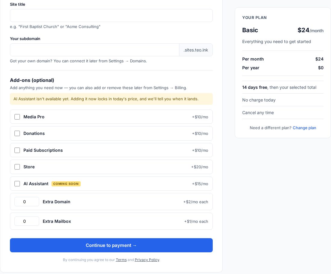 The signup form: site title, subdomain, optional add-ons with prices, and a plan summary showing 14 days free and no charge today