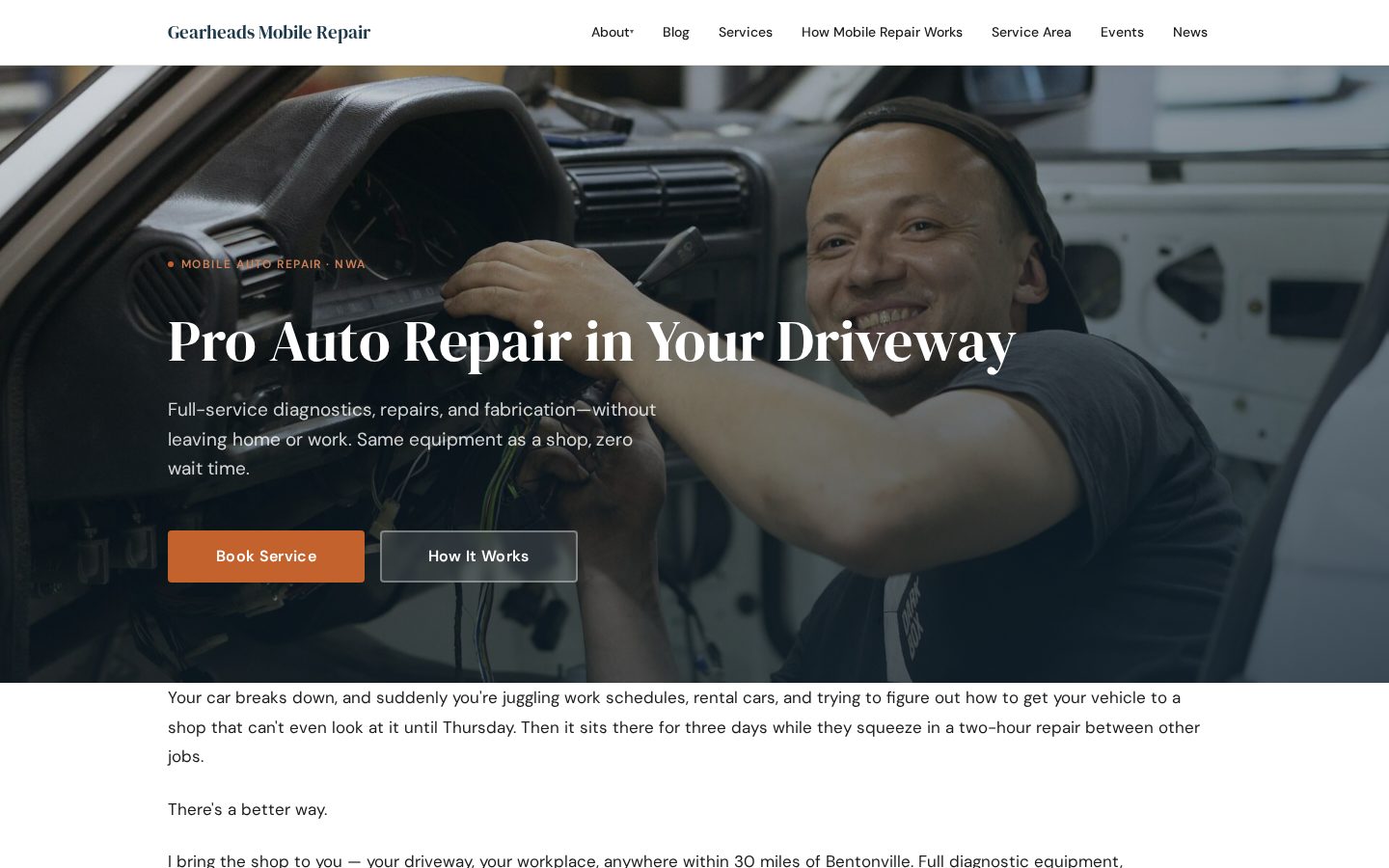 The finished Gearheads Mobile Repair home page: 'Pro Auto Repair in Your Driveway'