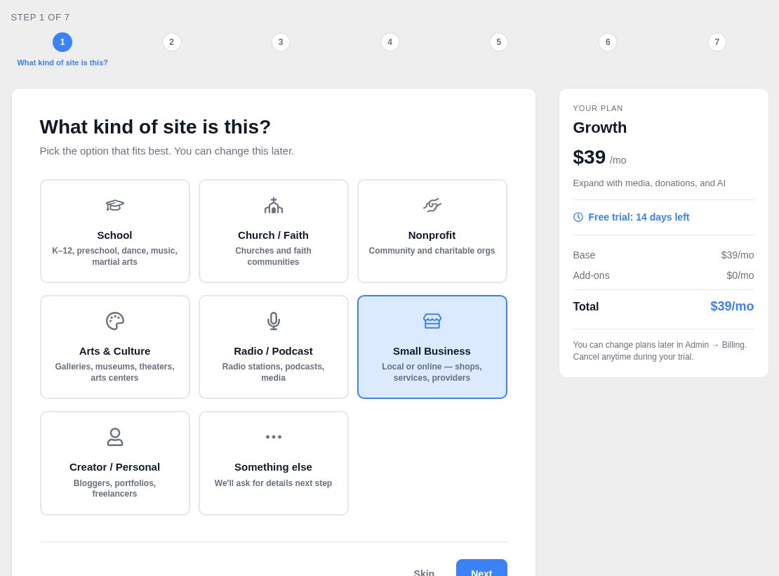 Step 1 of 7: choosing Small Business from eight site types, with the Growth plan at $39 a month shown beside it