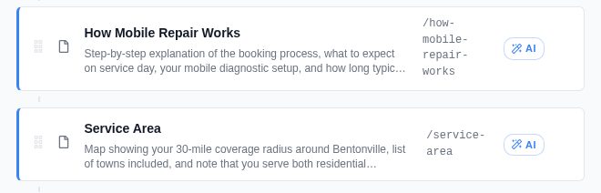 Two pages marked AI: How Mobile Repair Works and Service Area