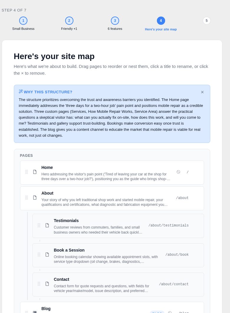 The proposed site map with a 'Why this structure?' explanation above the list of pages